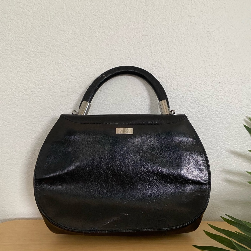 Peruzzi Italian Leather Top Handle Purse | Vintage Black Round Bag